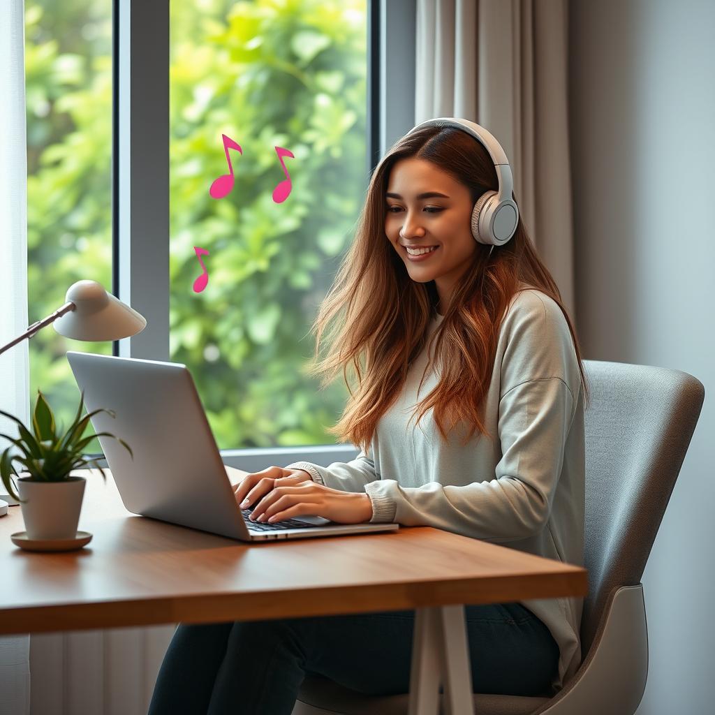 A relaxed woman sitting at a modern desk, working on a laptop with headphones on, exuding a chill vibe