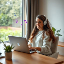 A relaxed woman sitting at a modern desk, working on a laptop with headphones on, exuding a chill vibe