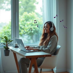 A relaxed woman sitting at a modern desk, working on a laptop with headphones on, exuding a chill vibe