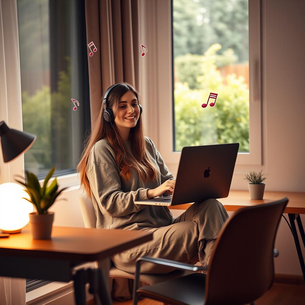 A relaxed woman sitting at a modern desk, working on a laptop with headphones on, exuding a chill vibe