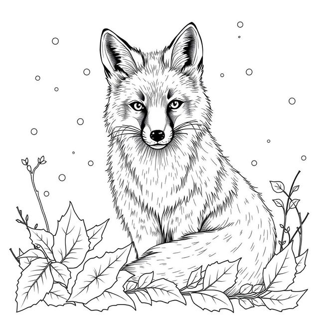 Black and white coloring book illustration capturing the serene essence of autumn transitioning into early winter, featuring a fox surrounded by a lightly snowy landscape