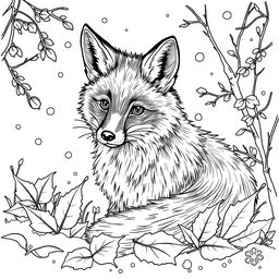 Black and white coloring book illustration capturing the serene essence of autumn transitioning into early winter, featuring a fox surrounded by a lightly snowy landscape