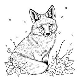 Black and white coloring book illustration capturing the serene essence of autumn transitioning into early winter, featuring a fox surrounded by a lightly snowy landscape