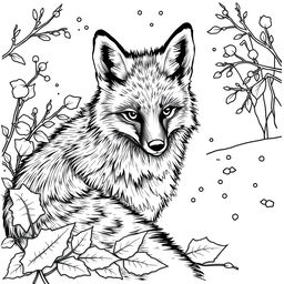 Black and white coloring book illustration capturing the serene essence of autumn transitioning into early winter, featuring a fox surrounded by a lightly snowy landscape