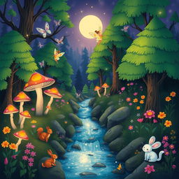 A whimsical and colorful illustration of an enchanted forest with glowing mushrooms, fluttering fairies, and a sparkling stream running through it