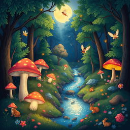 A whimsical and colorful illustration of an enchanted forest with glowing mushrooms, fluttering fairies, and a sparkling stream running through it