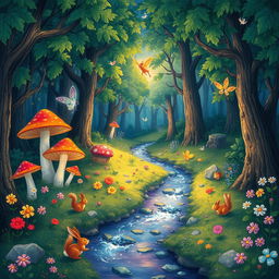 A whimsical and colorful illustration of an enchanted forest with glowing mushrooms, fluttering fairies, and a sparkling stream running through it