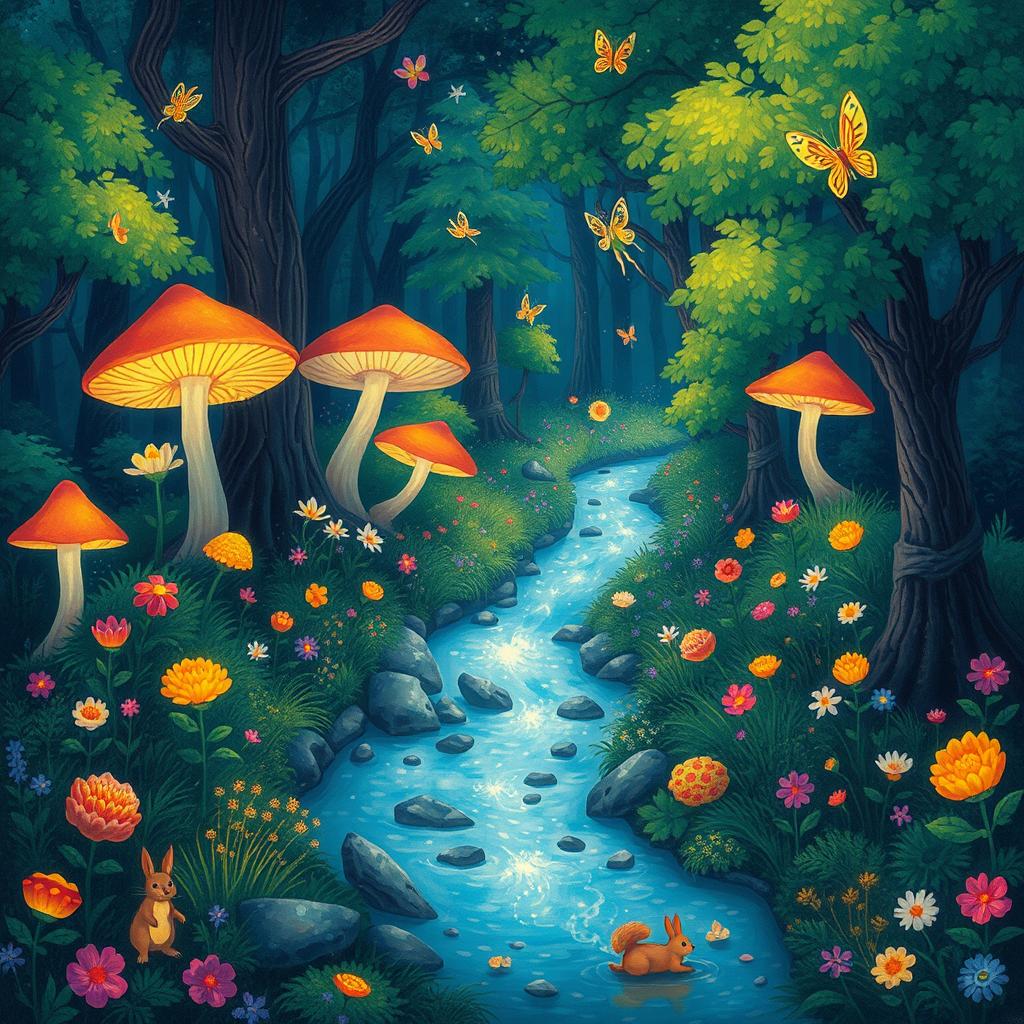 A whimsical and colorful illustration of an enchanted forest with glowing mushrooms, fluttering fairies, and a sparkling stream running through it