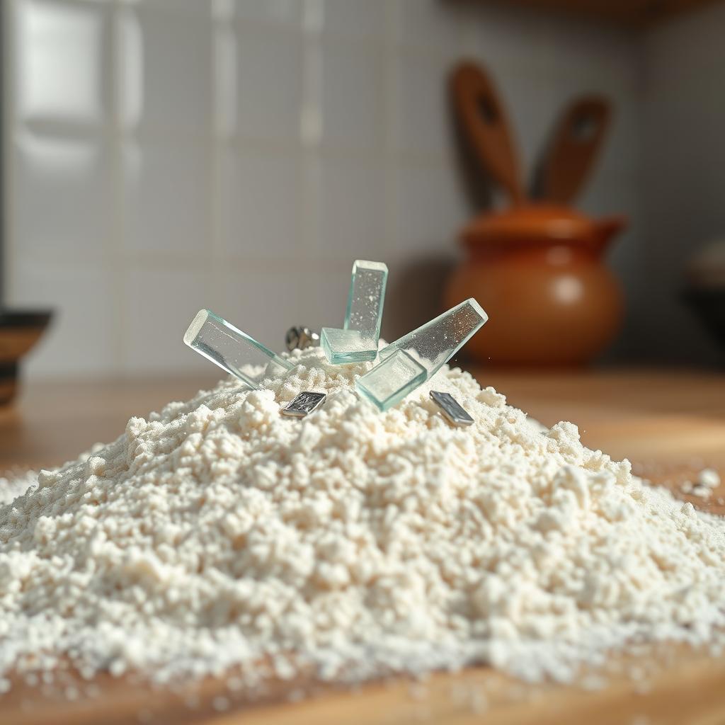 A striking image depicting a pile of flour on a kitchen countertop, highlighting an unexpected physical hazard