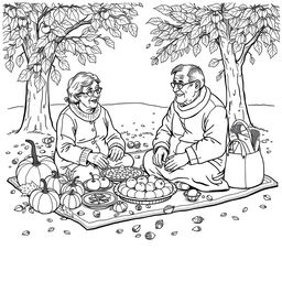 Black and white coloring book illustration capturing the essence of fall with two elderly people enjoying an autumn picnic