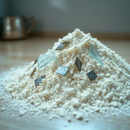 A striking image depicting a pile of flour on a kitchen countertop, highlighting an unexpected physical hazard