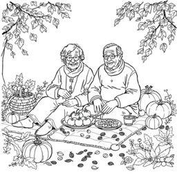 Black and white coloring book illustration capturing the essence of fall with two elderly people enjoying an autumn picnic