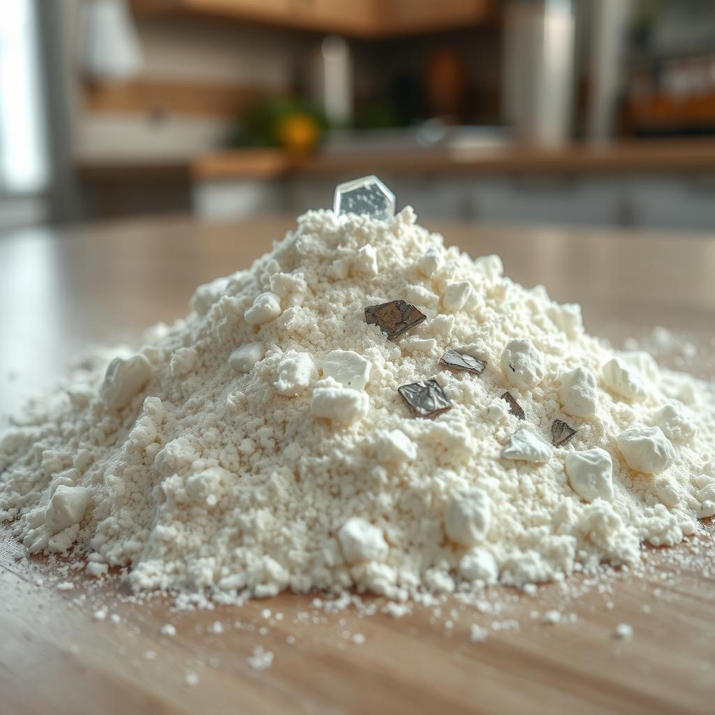 A striking image depicting a pile of flour on a kitchen countertop, highlighting an unexpected physical hazard