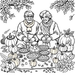 Black and white coloring book illustration capturing the essence of fall with two elderly people enjoying an autumn picnic