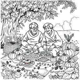 Black and white coloring book illustration capturing the essence of fall with two elderly people enjoying an autumn picnic