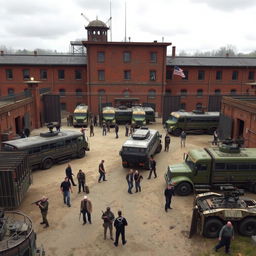 A fortified prison turned into a safe haven from zombies, featuring armed buses and heavy trucks in the yard