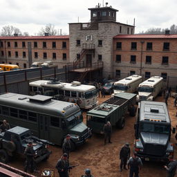 A fortified prison turned into a safe haven from zombies, featuring armed buses and heavy trucks in the yard