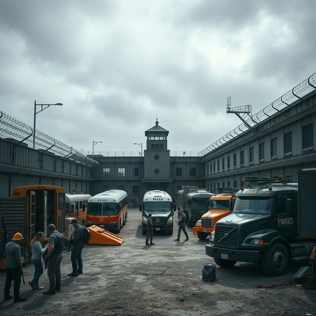 A fortified prison turned into a safe haven from zombies, featuring armed buses and heavy trucks in the yard