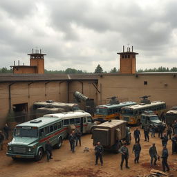 A fortified prison turned into a safe haven from zombies, featuring armed buses and heavy trucks in the yard