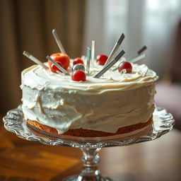 A visually striking image of a beautifully frosted cake on a stylish cake stand with unexpected physical hazards embedded within