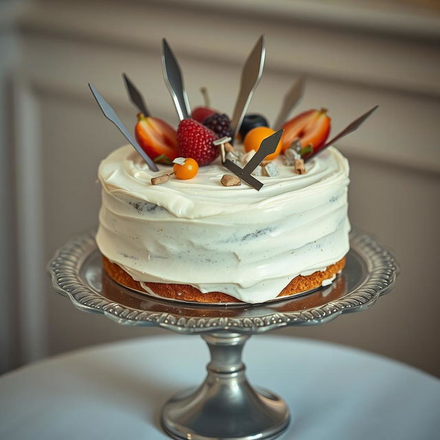 A visually striking image of a beautifully frosted cake on a stylish cake stand with unexpected physical hazards embedded within