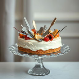 A visually striking image of a beautifully frosted cake on a stylish cake stand with unexpected physical hazards embedded within