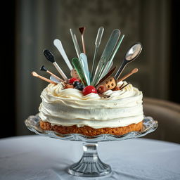 A visually striking image of a beautifully frosted cake on a stylish cake stand with unexpected physical hazards embedded within