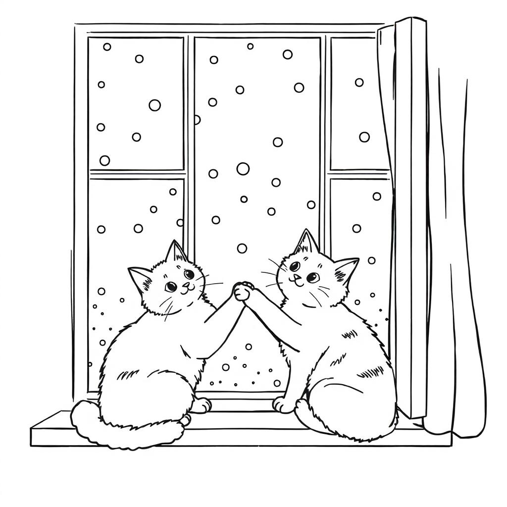 Black and white coloring book illustration capturing the essence of fall featuring two cats playfully interacting by a window