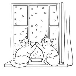 Black and white coloring book illustration capturing the essence of fall featuring two cats playfully interacting by a window