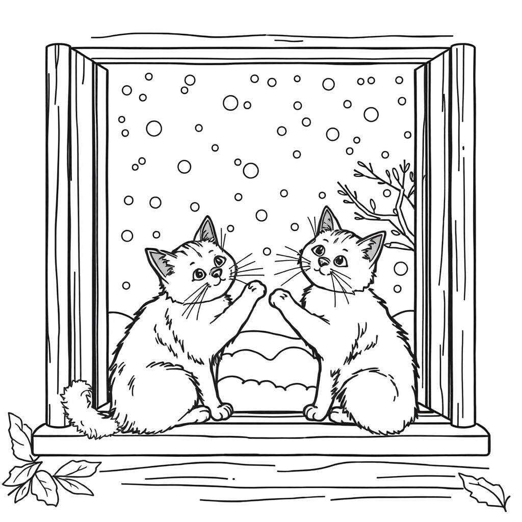 Black and white coloring book illustration capturing the essence of fall featuring two cats playfully interacting by a window