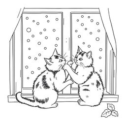 Black and white coloring book illustration capturing the essence of fall featuring two cats playfully interacting by a window