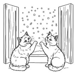 Black and white coloring book illustration capturing the essence of fall featuring two cats playfully interacting by a window