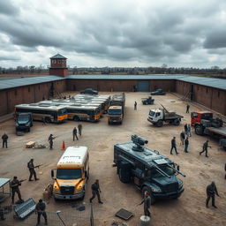 A fortified prison transformed into a refuge from zombies, highlighting armed buses and heavy trucks in a very large yard