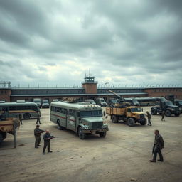 A fortified prison transformed into a refuge from zombies, highlighting armed buses and heavy trucks in a very large yard