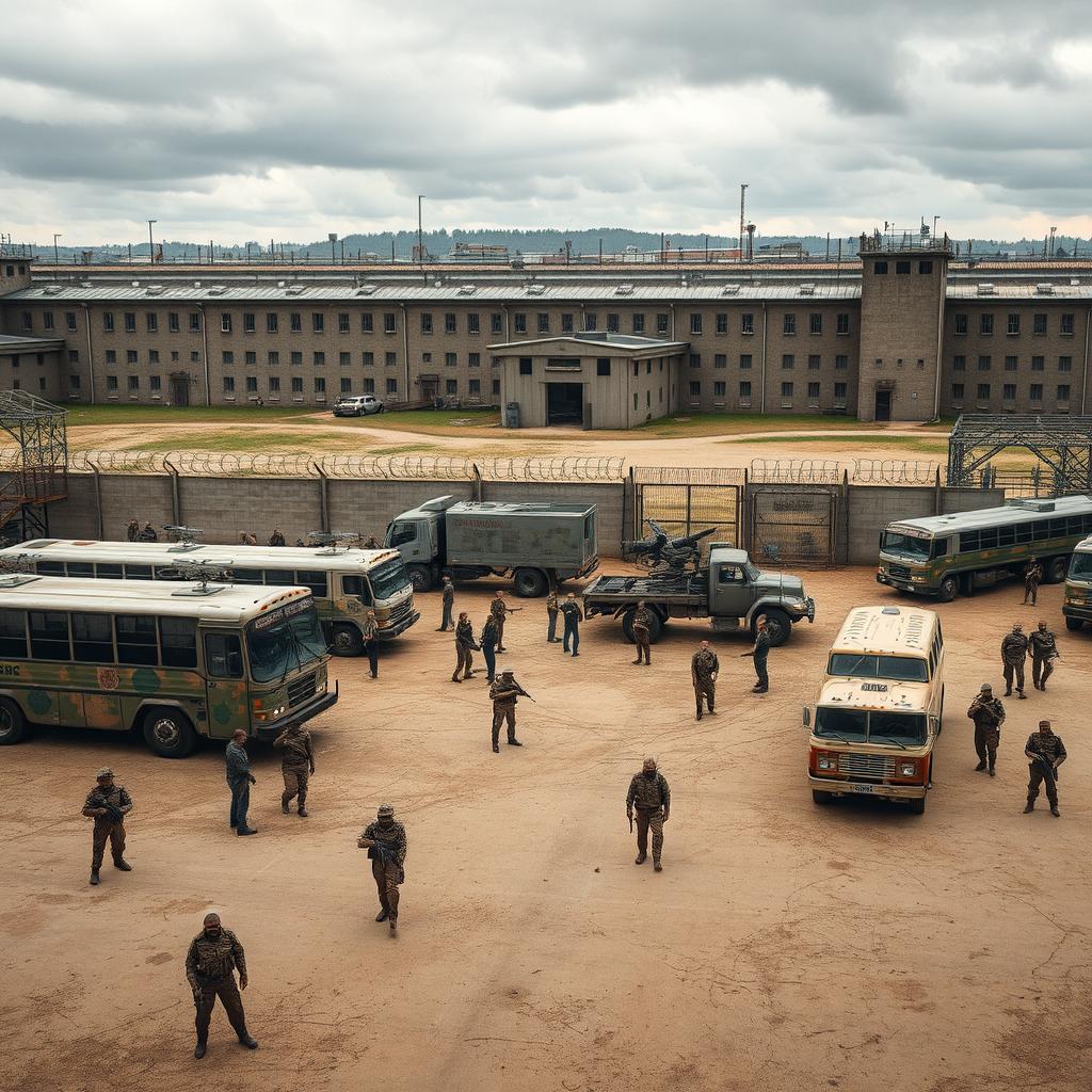 A fortified prison transformed into a refuge from zombies, highlighting armed buses and heavy trucks in a very large yard