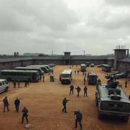 A fortified prison transformed into a refuge from zombies, highlighting armed buses and heavy trucks in a very large yard