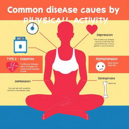 An informative and educational illustration showing common diseases caused by lack of physical activity