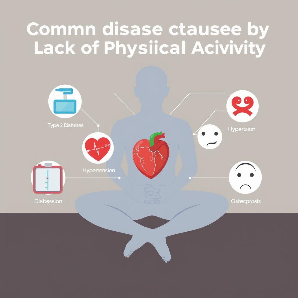 An informative and educational illustration showing common diseases caused by lack of physical activity