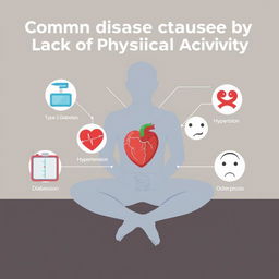 An informative and educational illustration showing common diseases caused by lack of physical activity