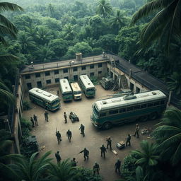 A fortified prison nestled in a jungle, transformed into a safe haven from zombies