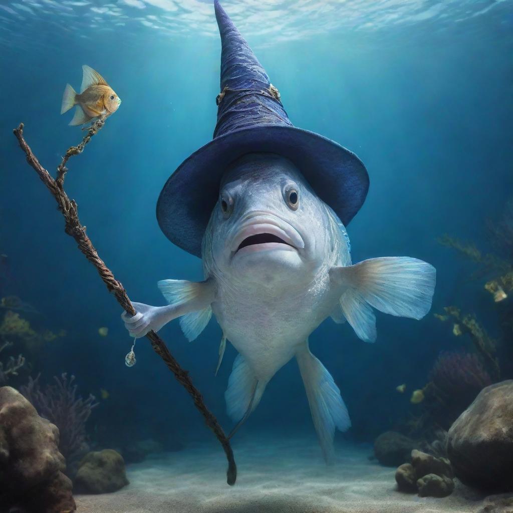 An enchanting underwater scene of a magical fish wearing a pointed wizard's hat, wielding a staff, casting spells in an undersea world.