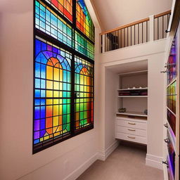 A two-story lofted walk-in closet with beautiful stained glass windows casting rainbow hues around the room.