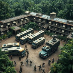 A fortified prison nestled in a jungle, transformed into a safe haven from zombies