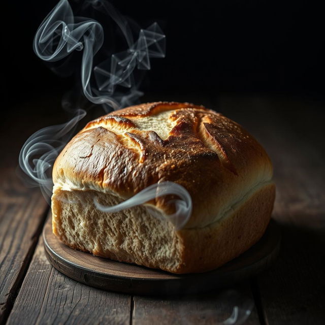 An evocative image of a freshly baked loaf of bread on a rustic wooden table, subtly revealing the presence of chemical hazards