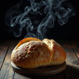 An evocative image of a freshly baked loaf of bread on a rustic wooden table, subtly revealing the presence of chemical hazards