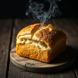 An evocative image of a freshly baked loaf of bread on a rustic wooden table, subtly revealing the presence of chemical hazards