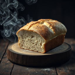 An evocative image of a freshly baked loaf of bread on a rustic wooden table, subtly revealing the presence of chemical hazards