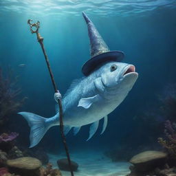 An enchanting underwater scene of a magical fish wearing a pointed wizard's hat, wielding a staff, casting spells in an undersea world.