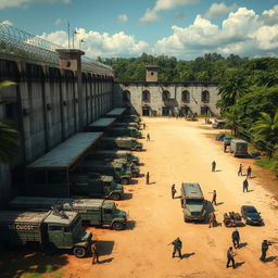 A fortified prison with big walls, situated in a jungle, transformed into a sanctuary from zombies