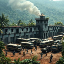 A fortified prison with big walls, situated in a jungle, transformed into a sanctuary from zombies